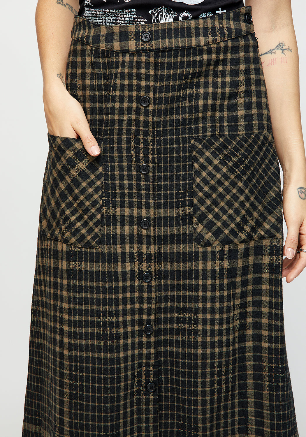 Khaki Green & Black Check Button Down Midaxi Skirt | Dropout