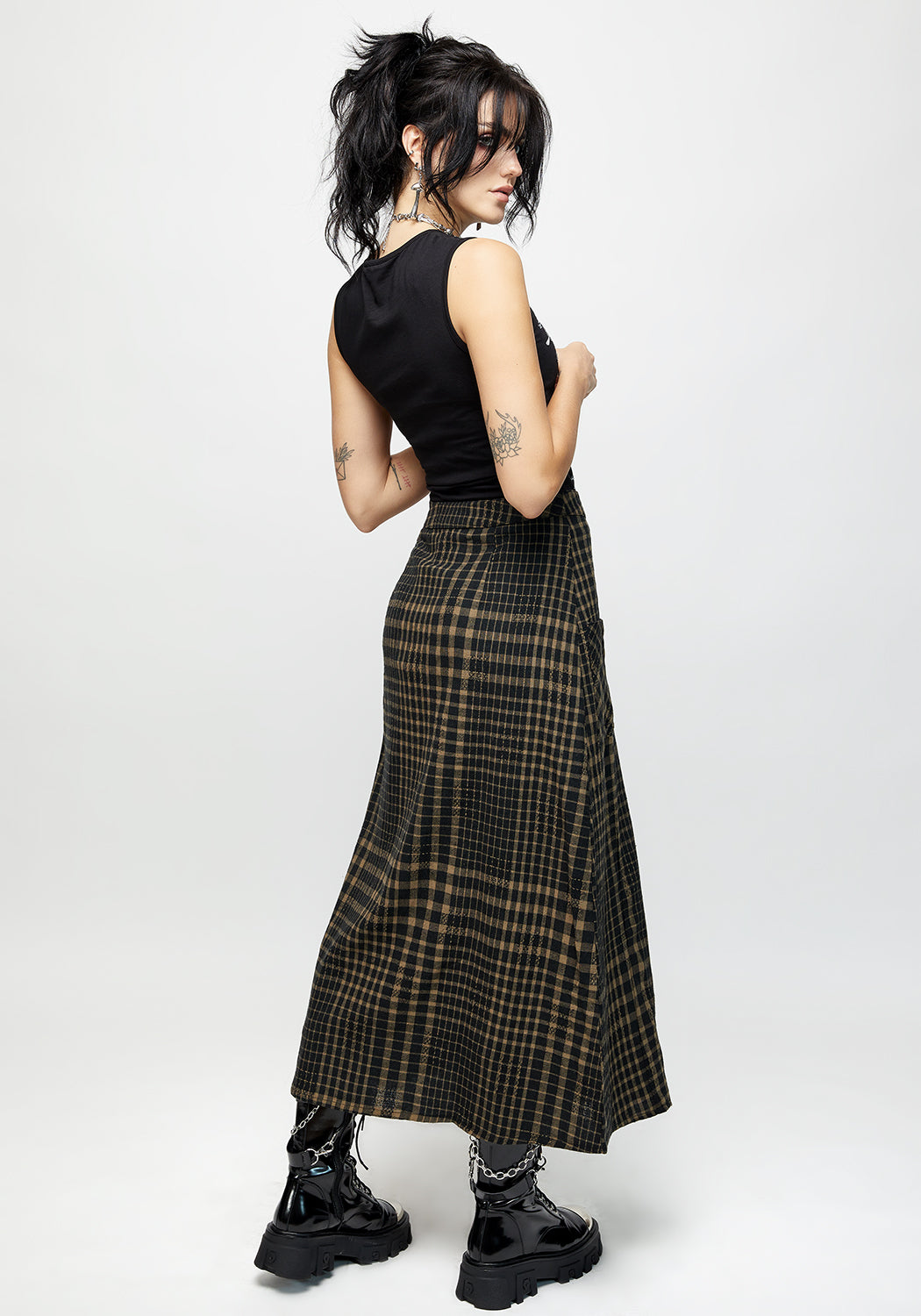 Khaki Green & Black Check Button Down Midaxi Skirt | Dropout
