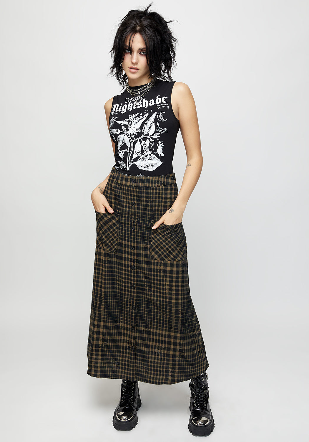 Khaki Green & Black Check Button Down Midaxi Skirt | Dropout
