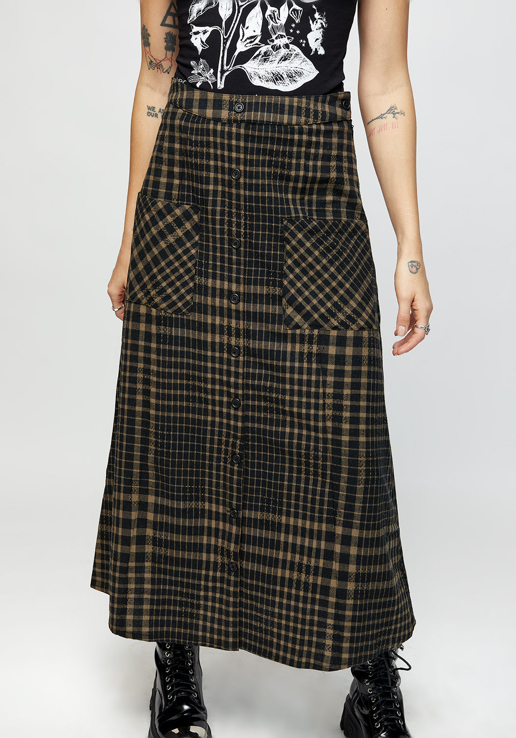 Khaki Green & Black Check Button Down Midaxi Skirt | Dropout