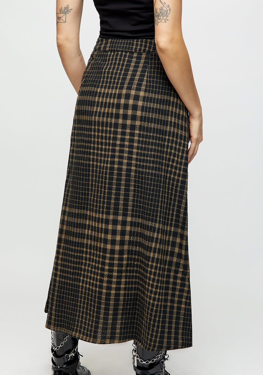 Khaki Green & Black Check Button Down Midaxi Skirt | Dropout