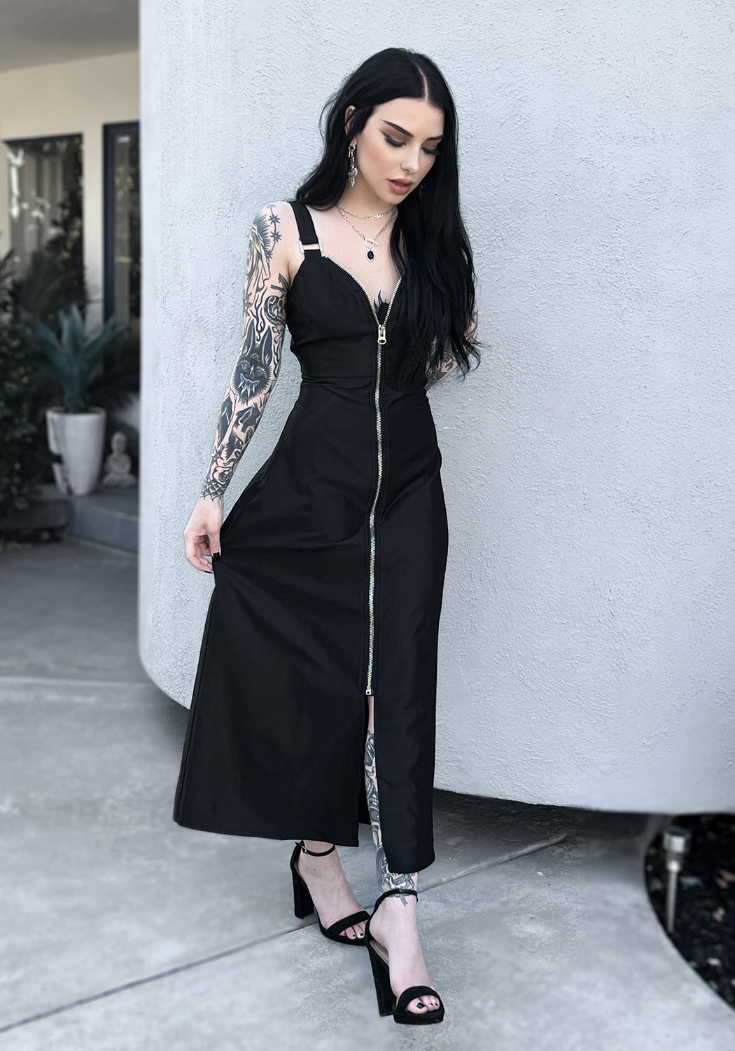 Black Zip Front Slip Dress with Sweetheart Neckline | Vengeance