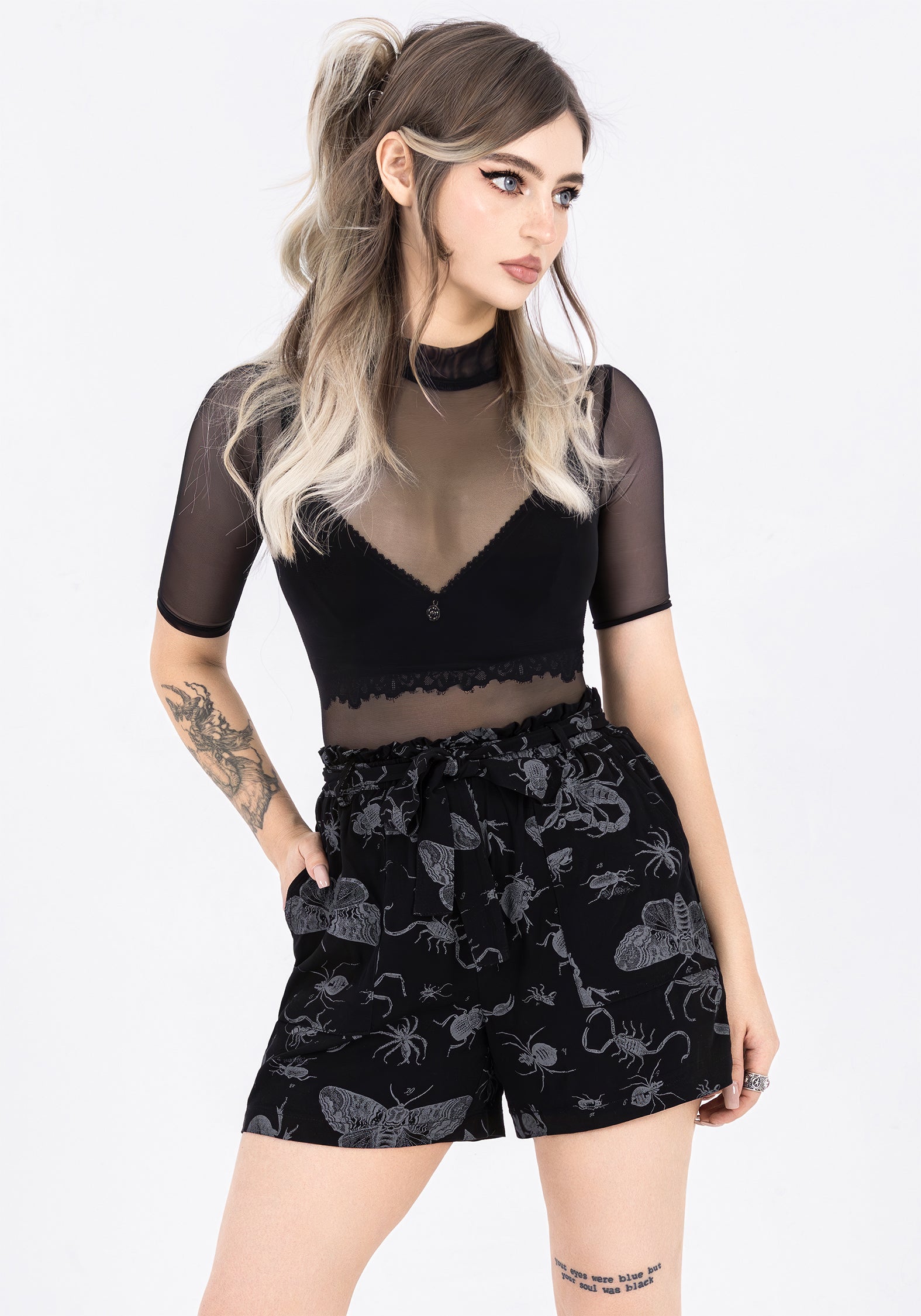 Bug Print Paperbag Shorts with Tie Waist & Pockets | Black