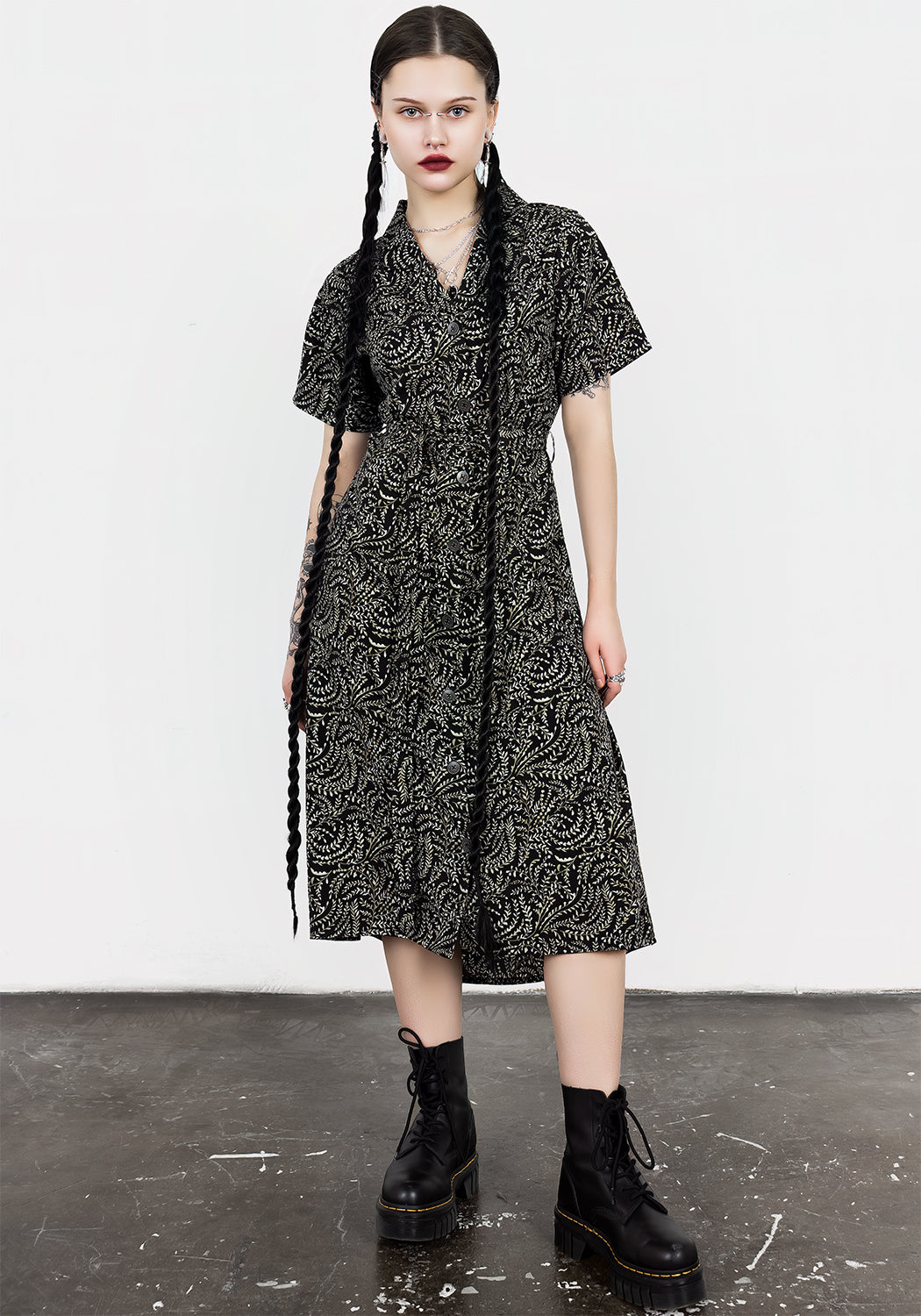 Black & Green Printed Midi Shirt Dress with Belt | Tendril