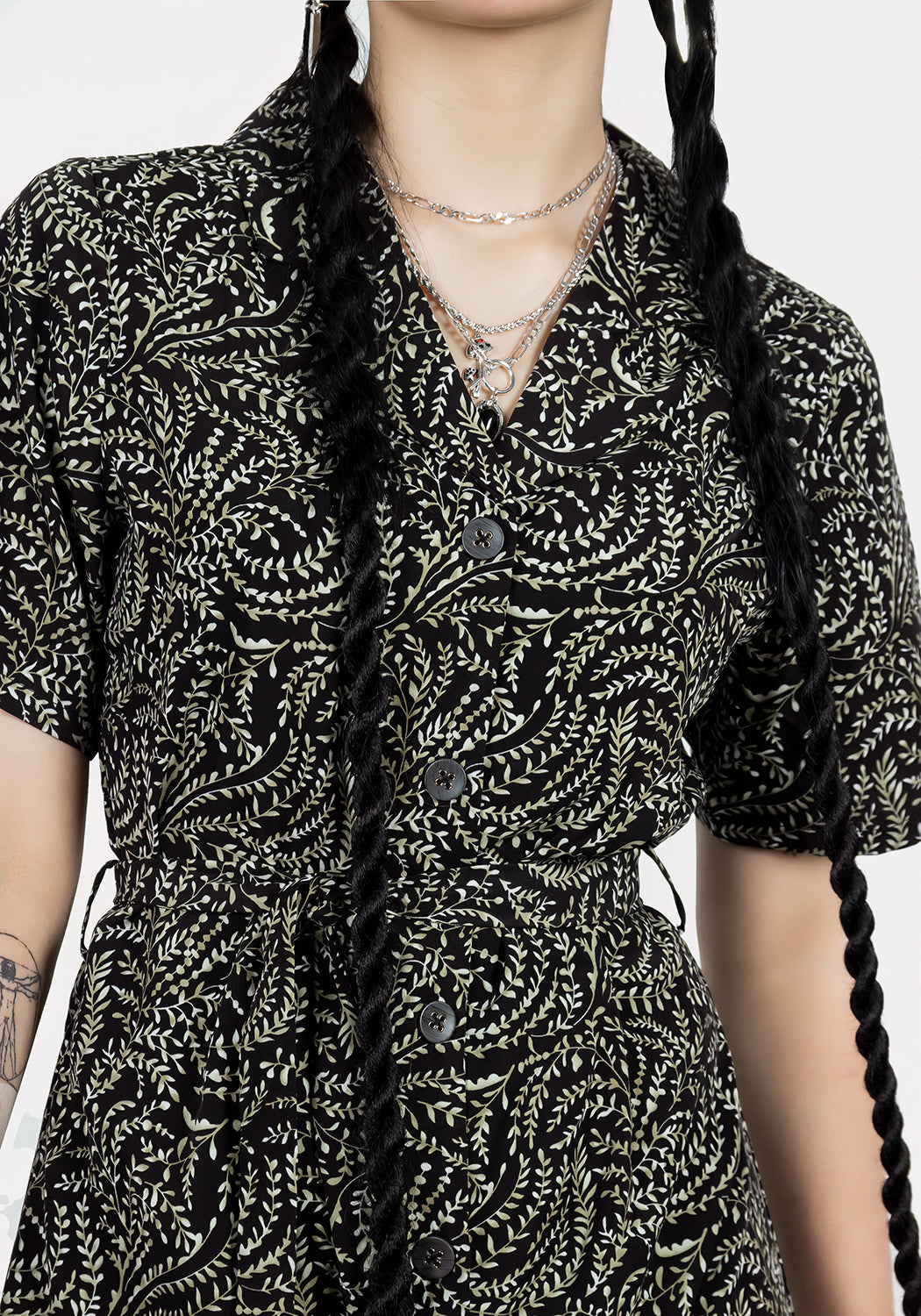 Black & Green Printed Midi Shirt Dress with Belt | Tendril