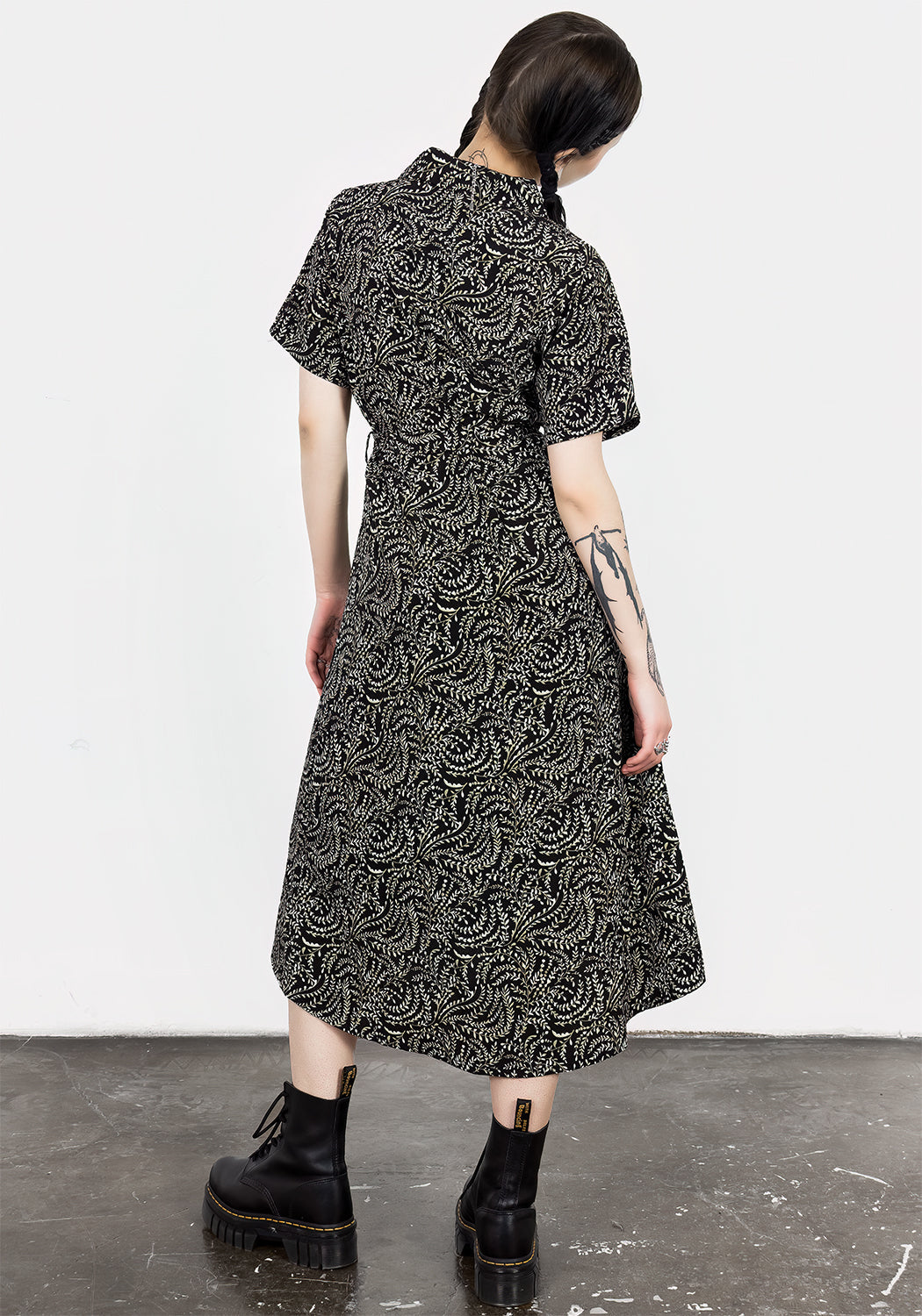 Black & Green Printed Midi Shirt Dress with Belt | Tendril