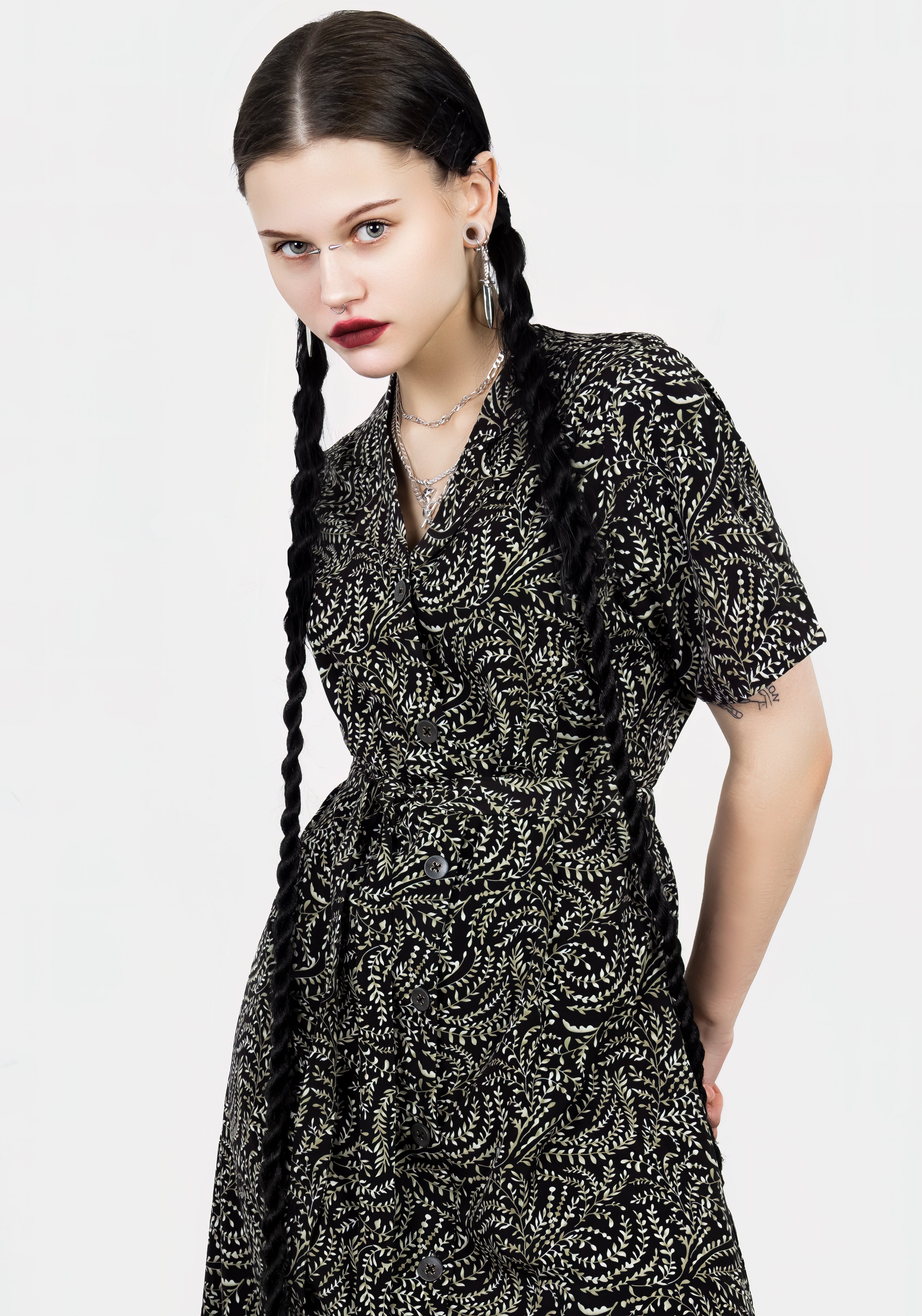 Black & Green Printed Midi Shirt Dress with Belt | Tendril