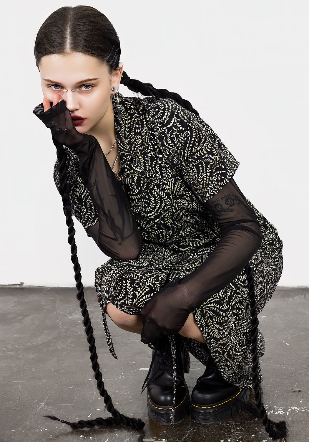 Black & Green Printed Midi Shirt Dress with Belt | Tendril