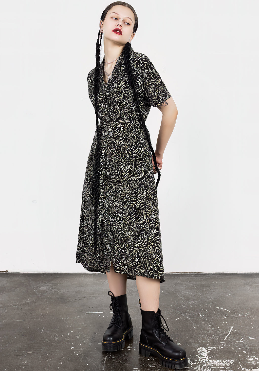 Black & Green Printed Midi Shirt Dress with Belt | Tendril