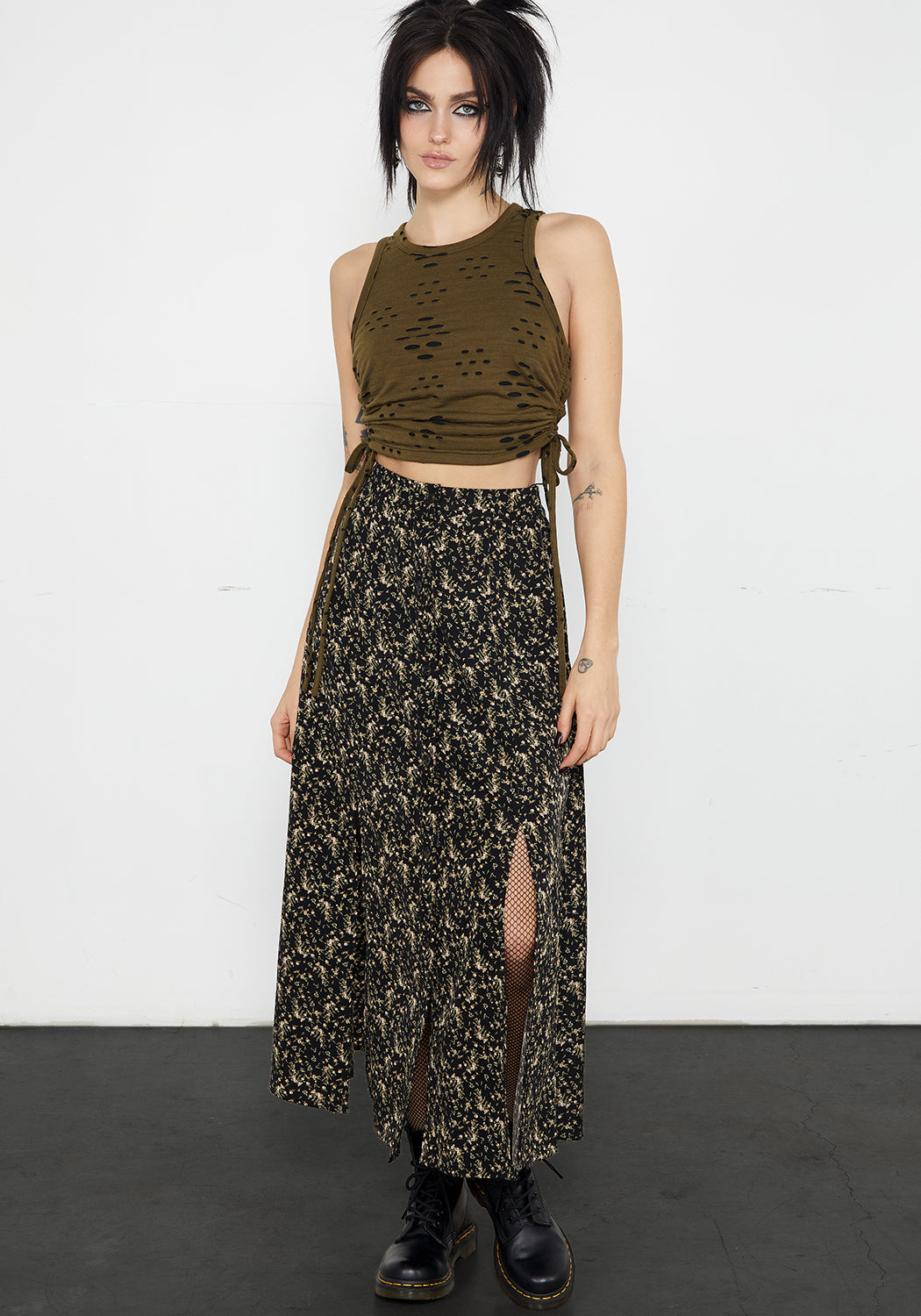 Black Printed Button Down Midaxi Skirt with Front Splits | Gardenia