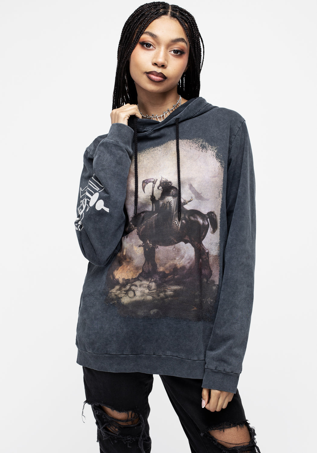 Grey Acid-Washed Graphic Hoody with Death Dealer 1 Print | Disturbia x Frazetta