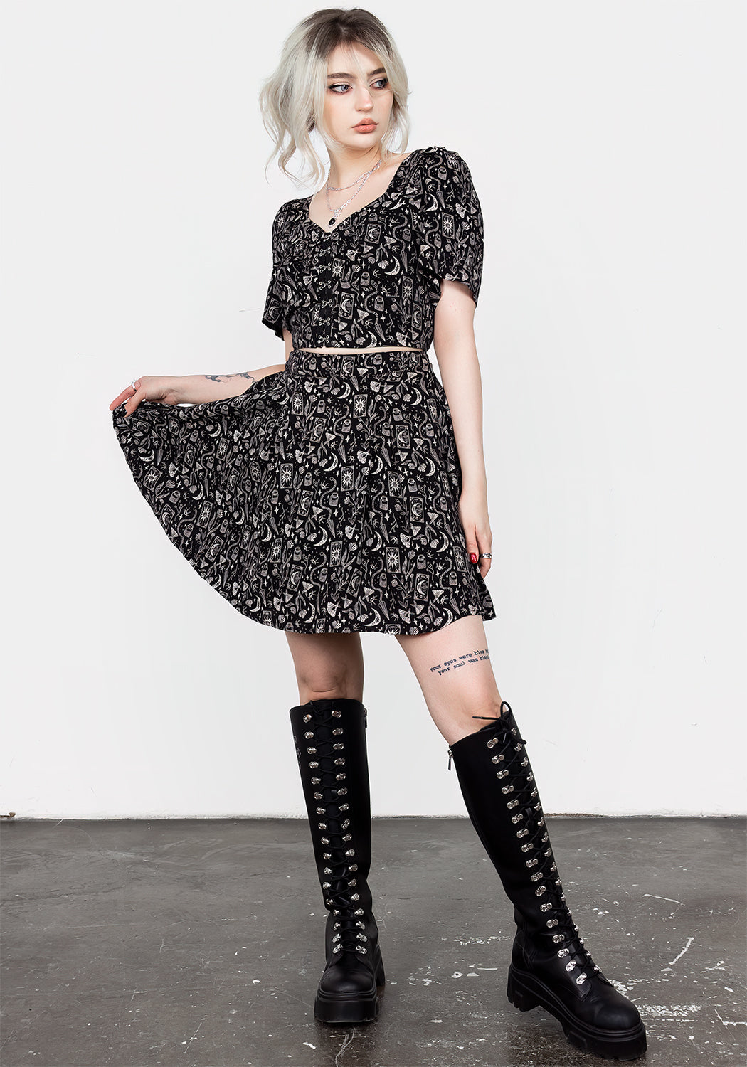 Black Pleated Mini Skirt with Gothic Print | Craft