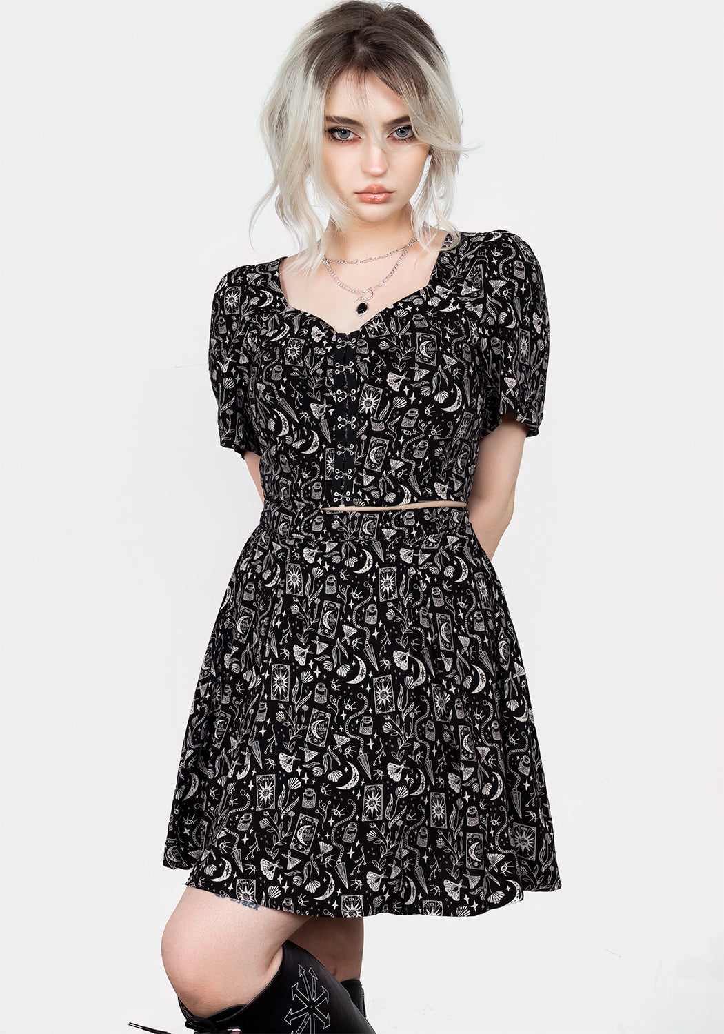 Black Pleated Mini Skirt with Gothic Print | Craft