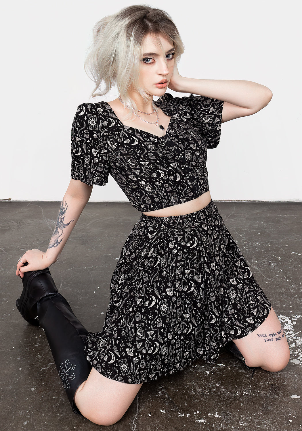 Black Pleated Mini Skirt with Gothic Print | Craft