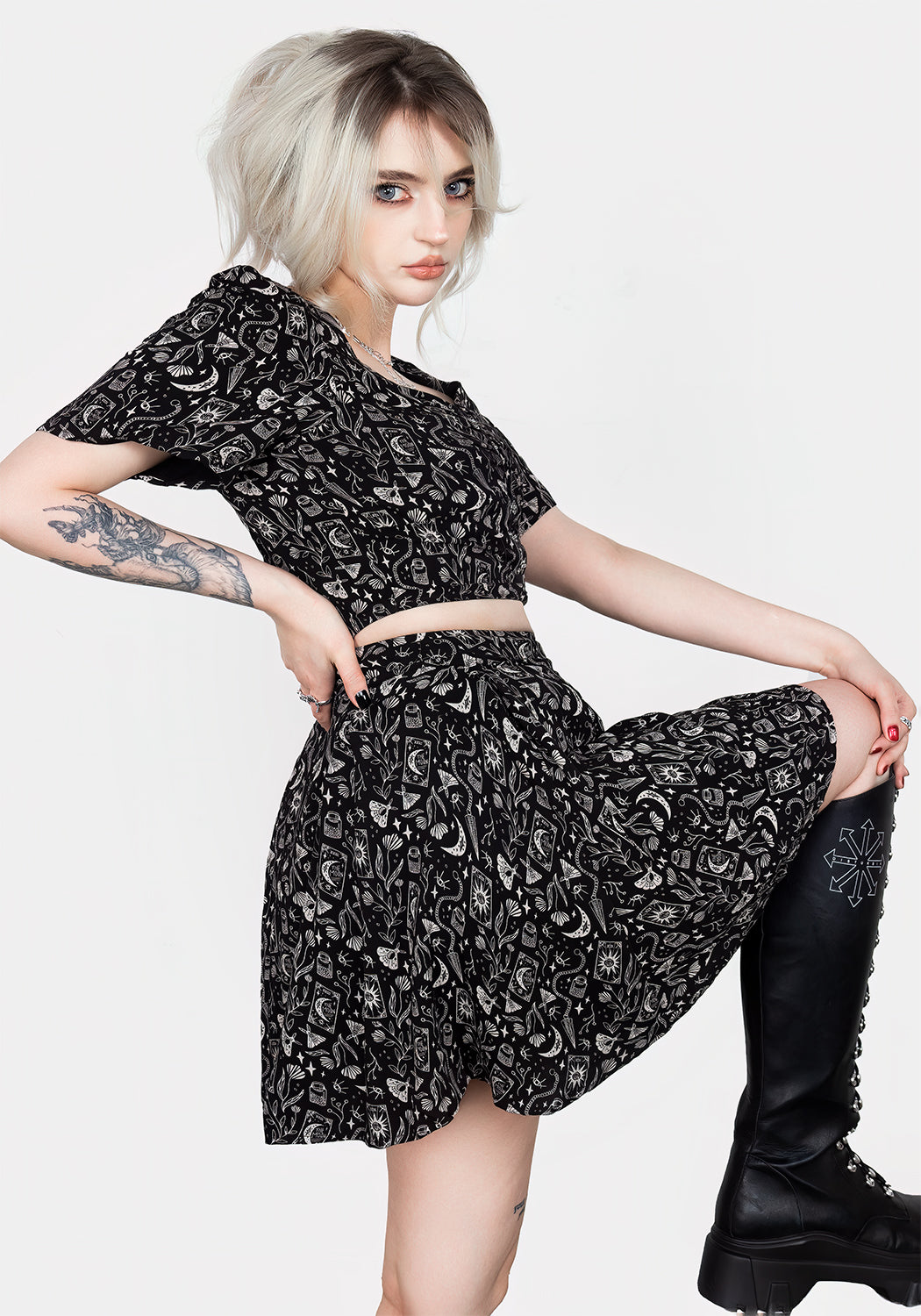 Black Pleated Mini Skirt with Gothic Print | Craft