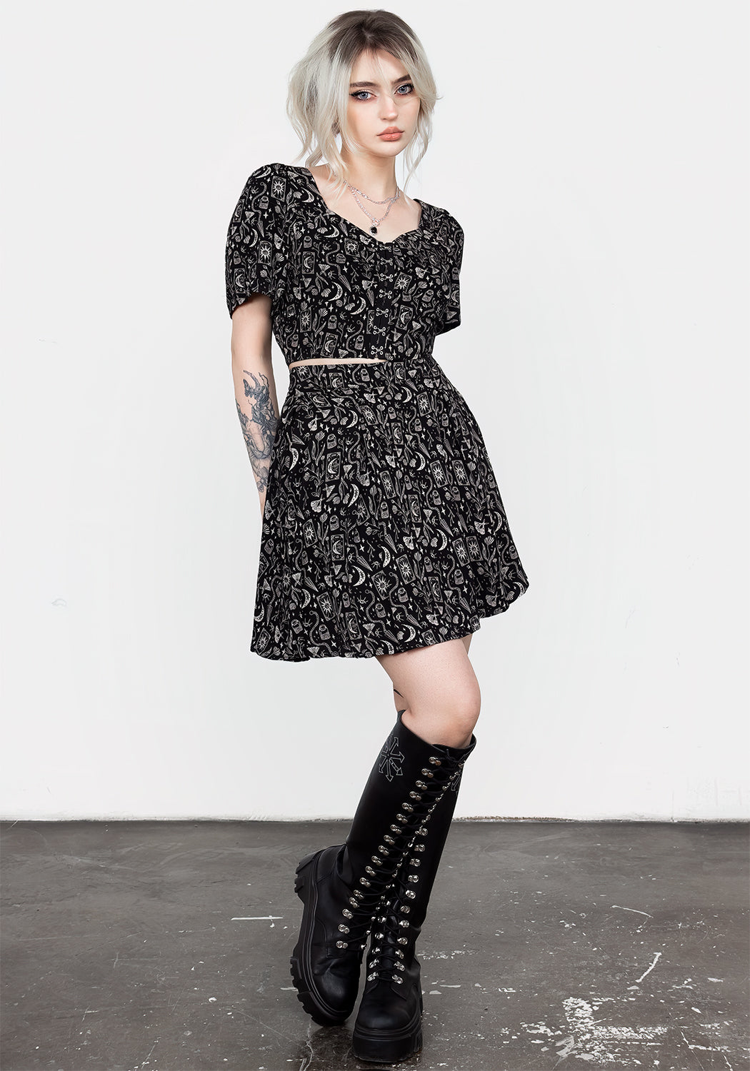 Black Pleated Mini Skirt with Gothic Print | Craft