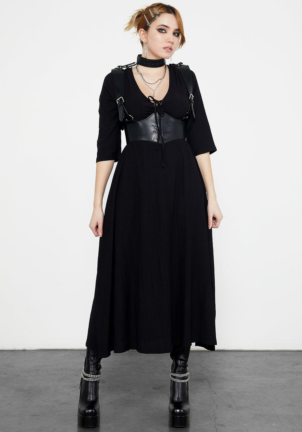 Black Lace-Up Midaxi Dress with V-Neck & Flowy Skirt | Kasdeya