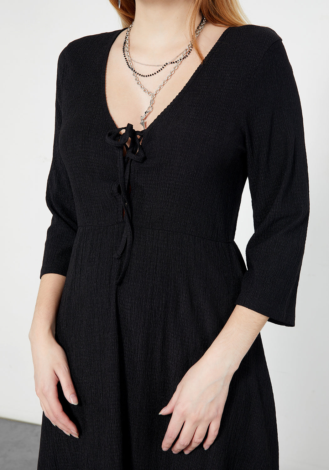 Black Lace-Up Midaxi Dress with V-Neck & Flowy Skirt | Kasdeya