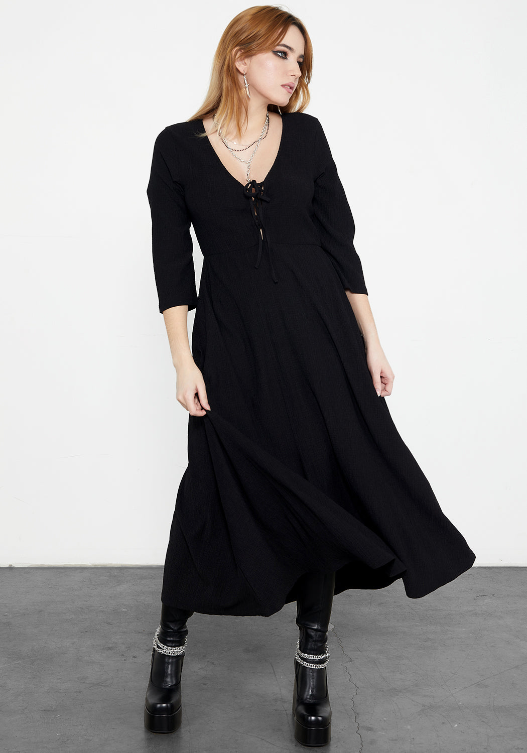 Black Lace-Up Midaxi Dress with V-Neck & Flowy Skirt | Kasdeya