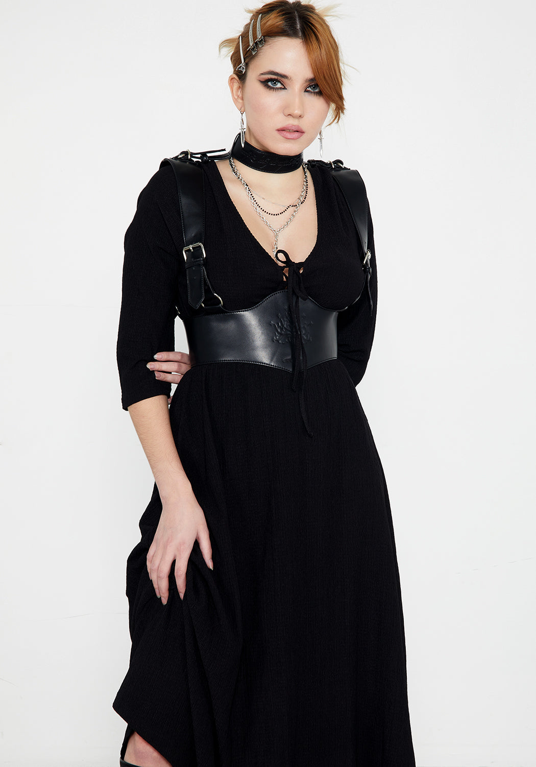 Black Lace-Up Midaxi Dress with V-Neck & Flowy Skirt | Kasdeya