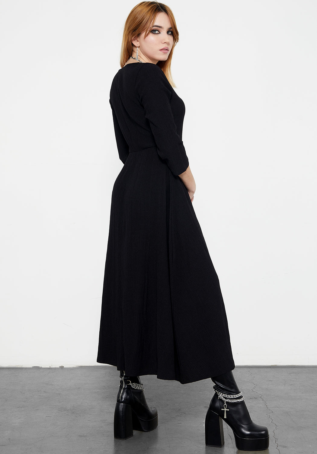 Black Lace-Up Midaxi Dress with V-Neck & Flowy Skirt | Kasdeya