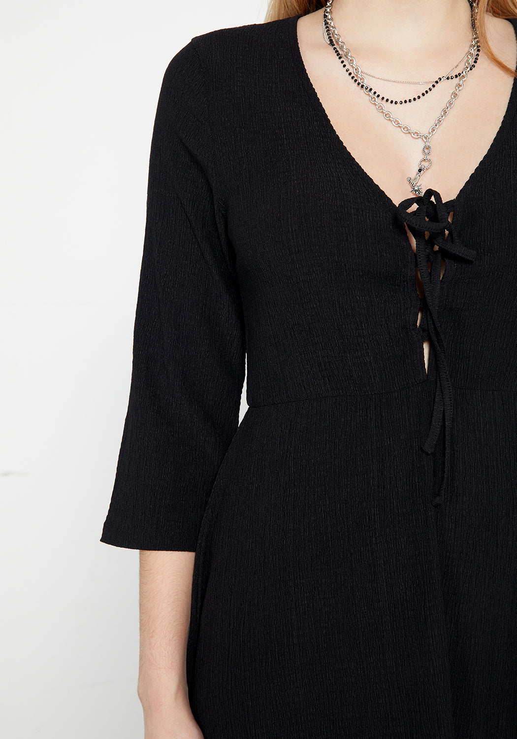 Black Lace-Up Midaxi Dress with V-Neck & Flowy Skirt | Kasdeya