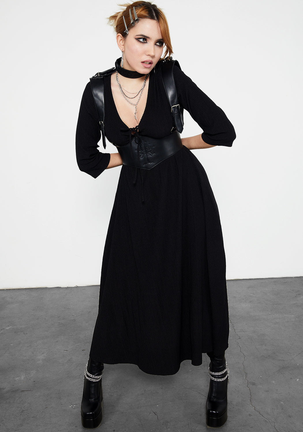 Black Lace-Up Midaxi Dress with V-Neck & Flowy Skirt | Kasdeya