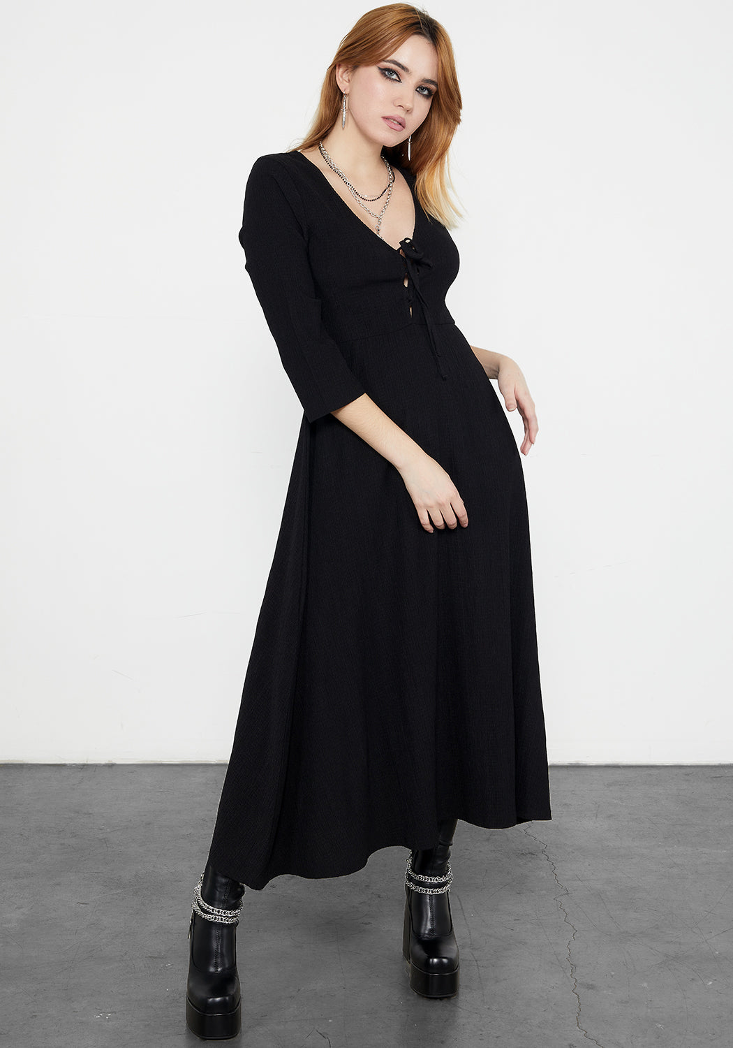 Black Lace-Up Midaxi Dress with V-Neck & Flowy Skirt | Kasdeya