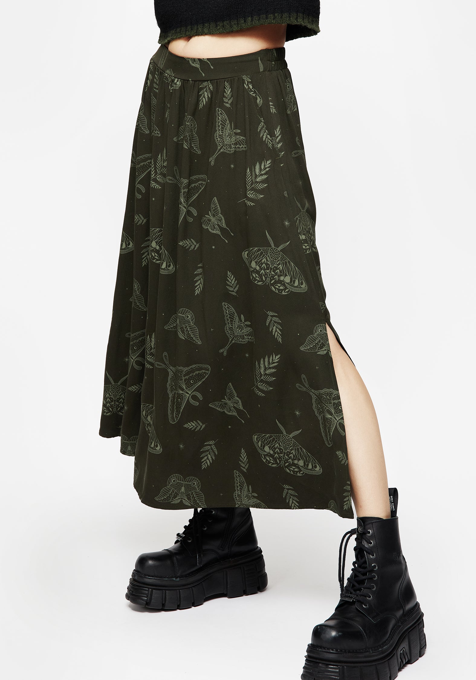Dark Green Fern & Moth Print Midi Skirt with Pockets | Elastic Waist