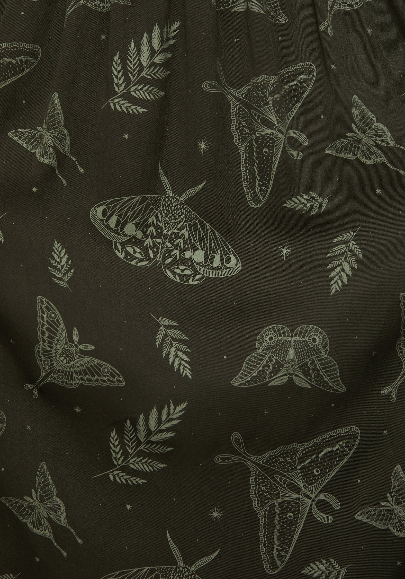 Dark Green Fern & Moth Print Midi Skirt with Pockets | Elastic Waist