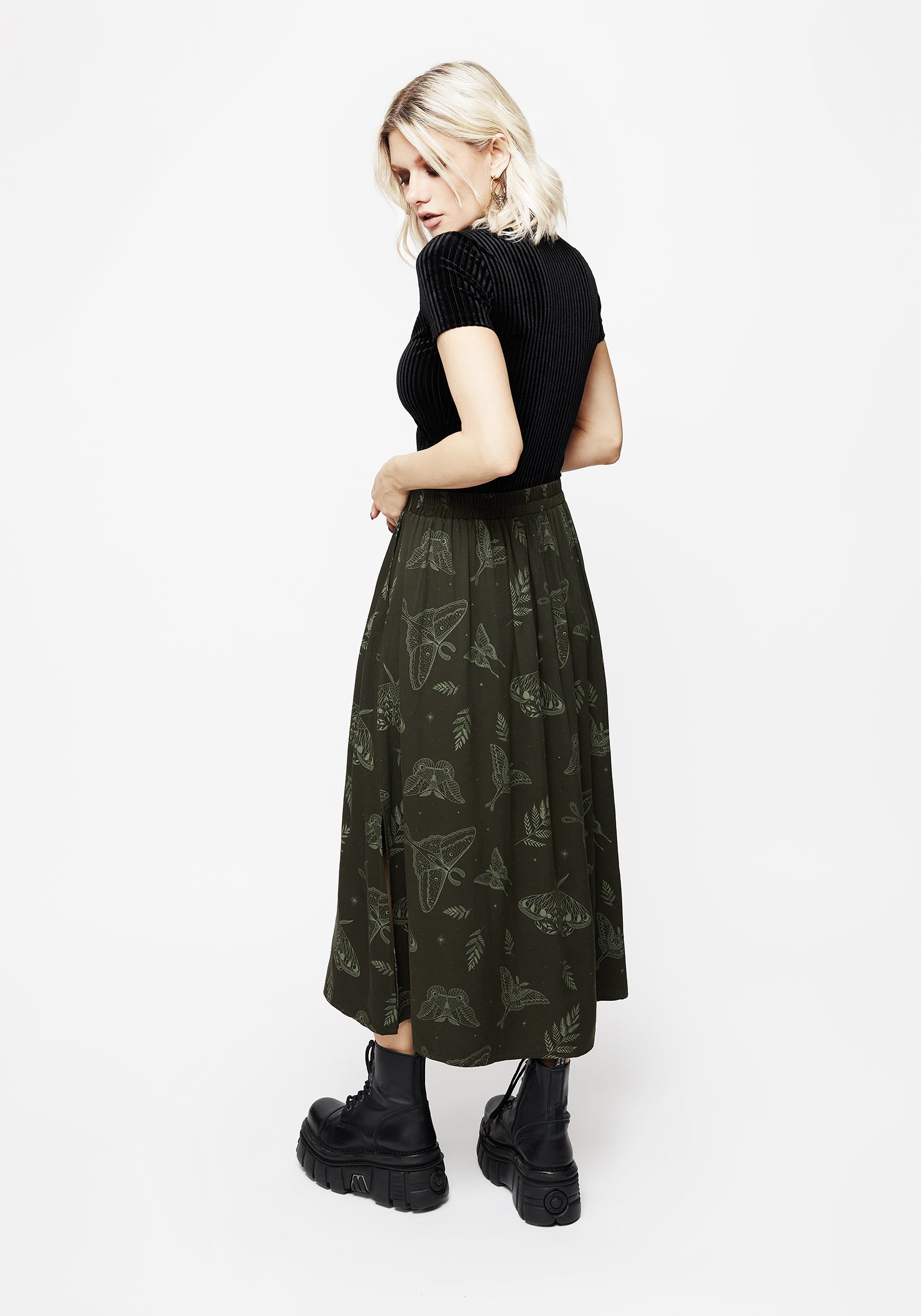 Dark Green Fern & Moth Print Midi Skirt with Pockets | Elastic Waist