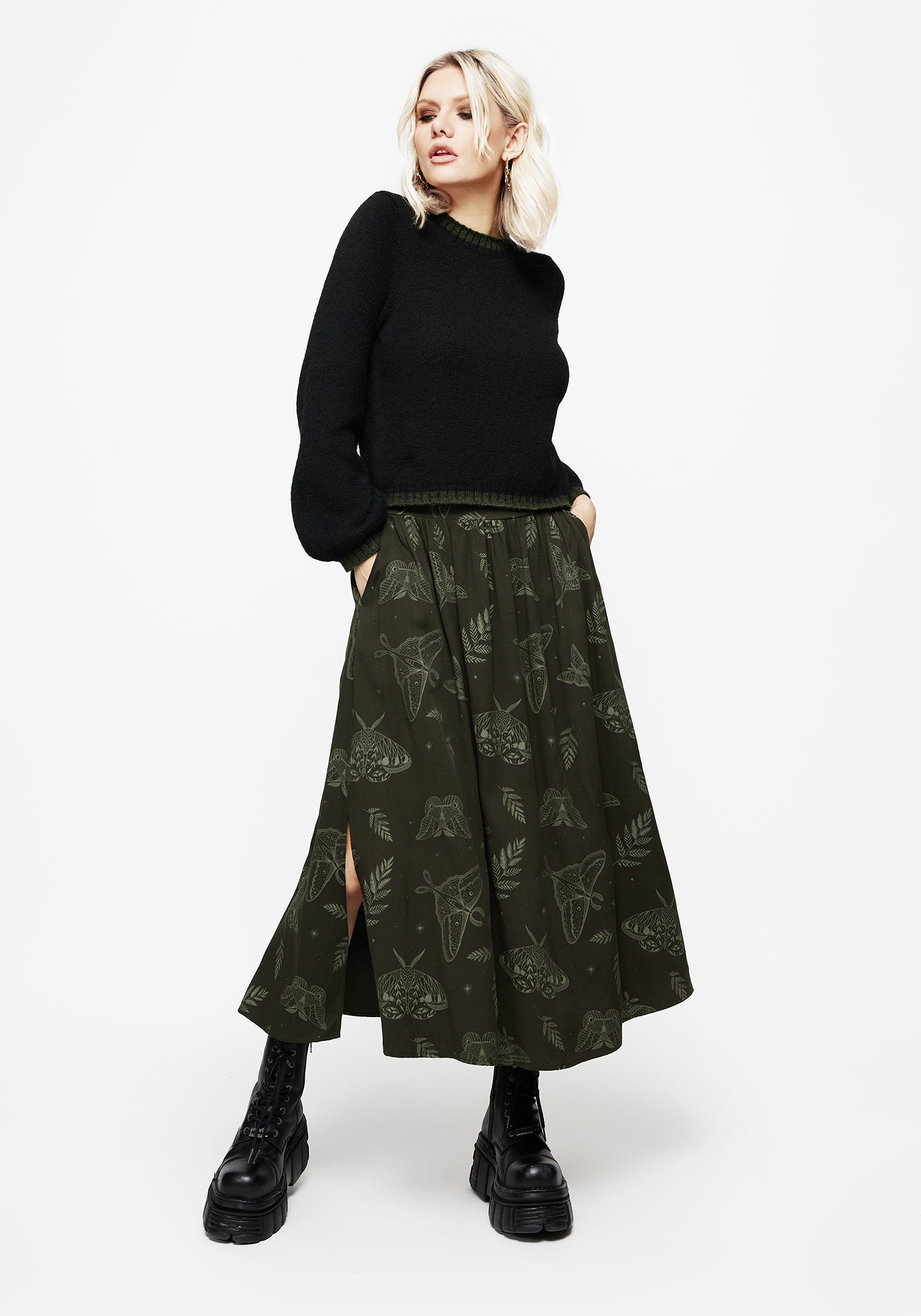 Dark Green Fern & Moth Print Midi Skirt with Pockets | Elastic Waist