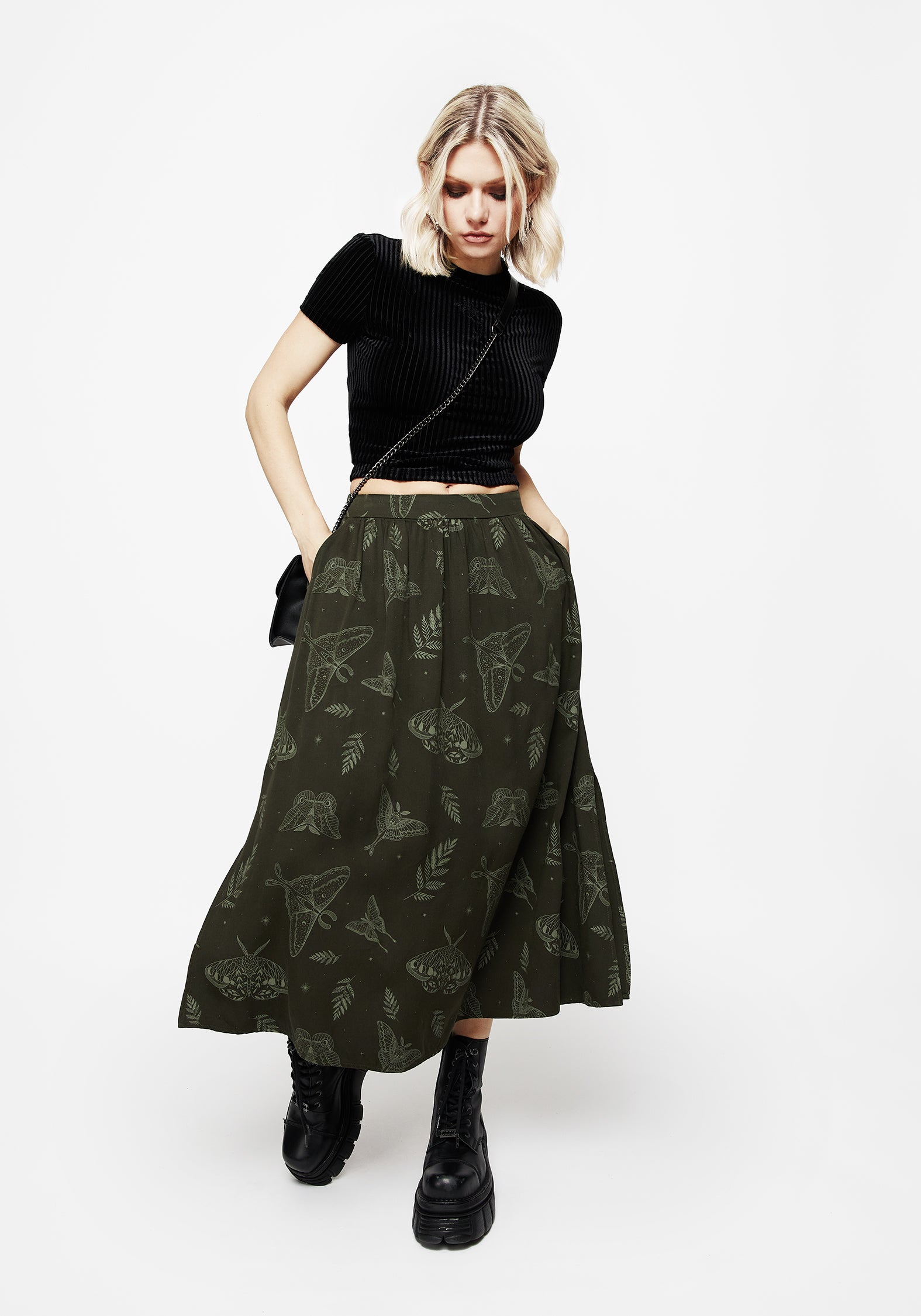 Dark Green Fern & Moth Print Midi Skirt with Pockets | Elastic Waist