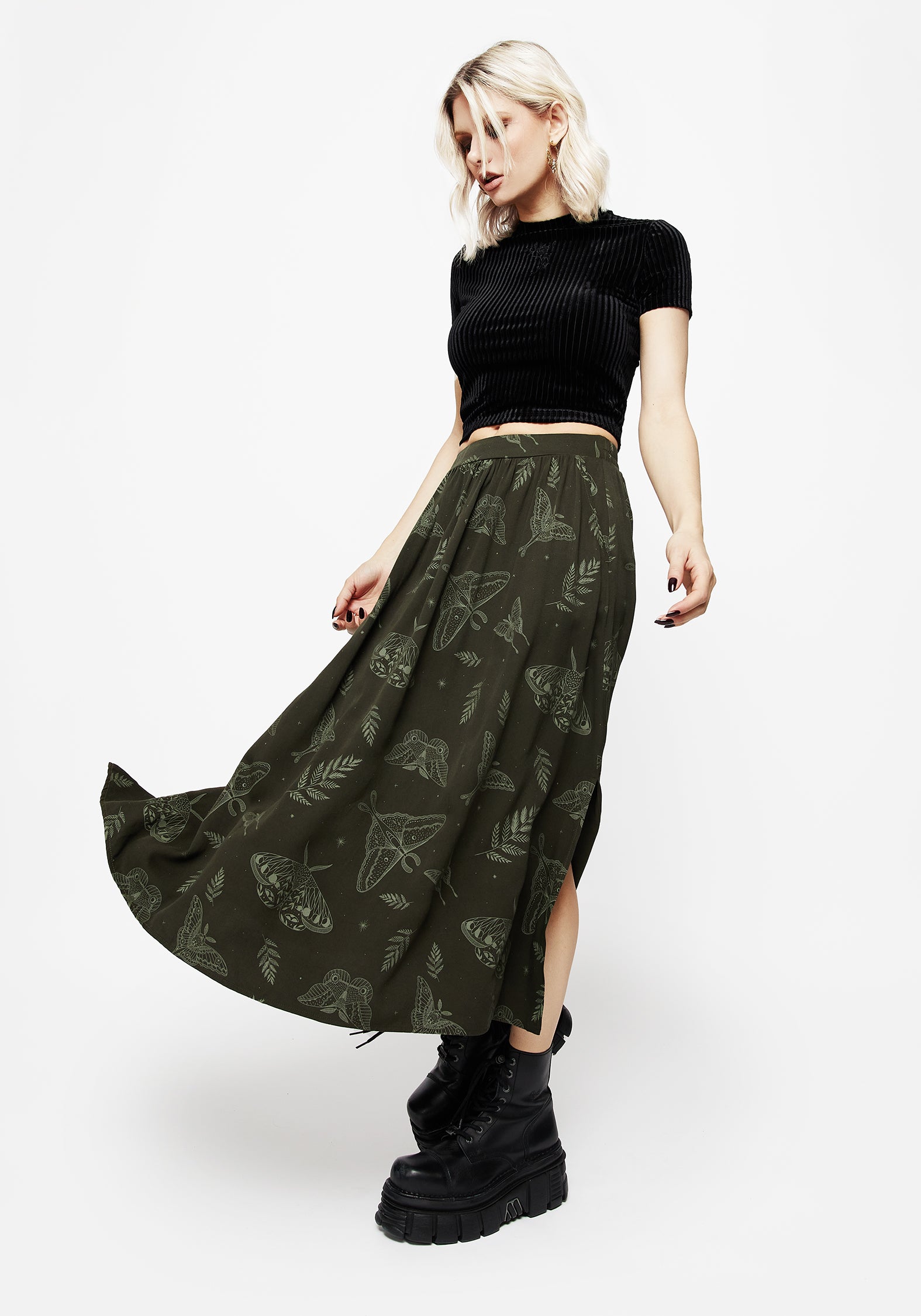Dark Green Fern & Moth Print Midi Skirt with Pockets | Elastic Waist