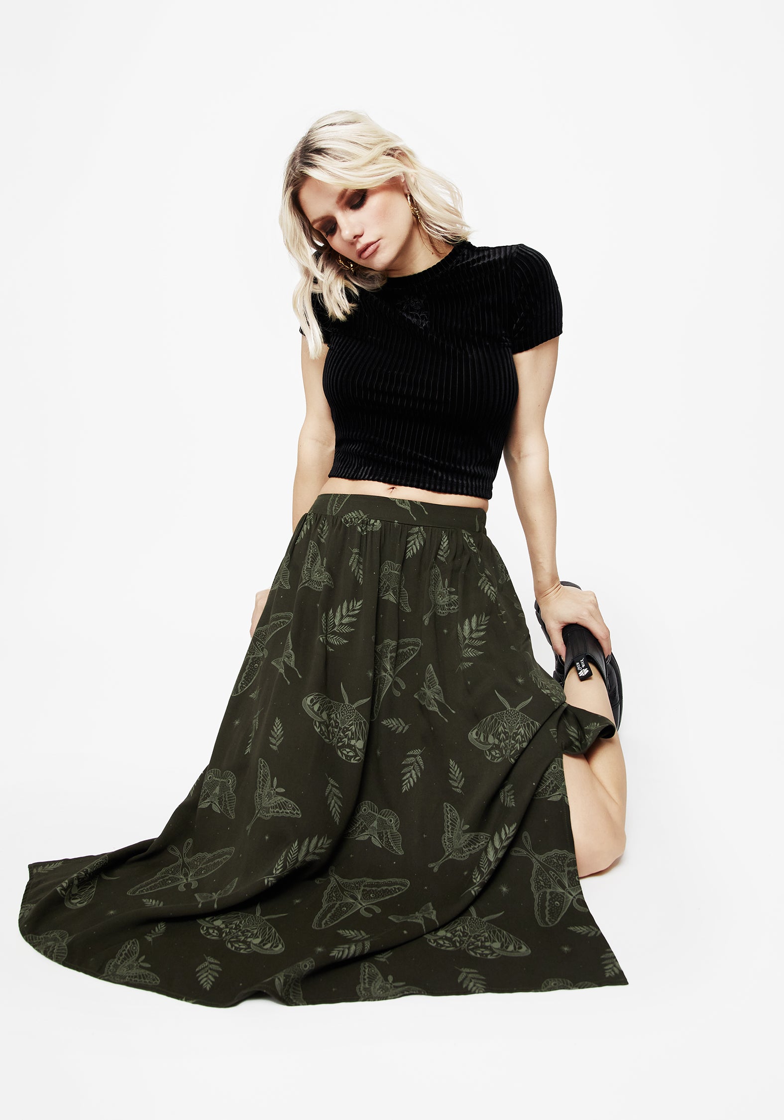 Dark Green Fern & Moth Print Midi Skirt with Pockets | Elastic Waist