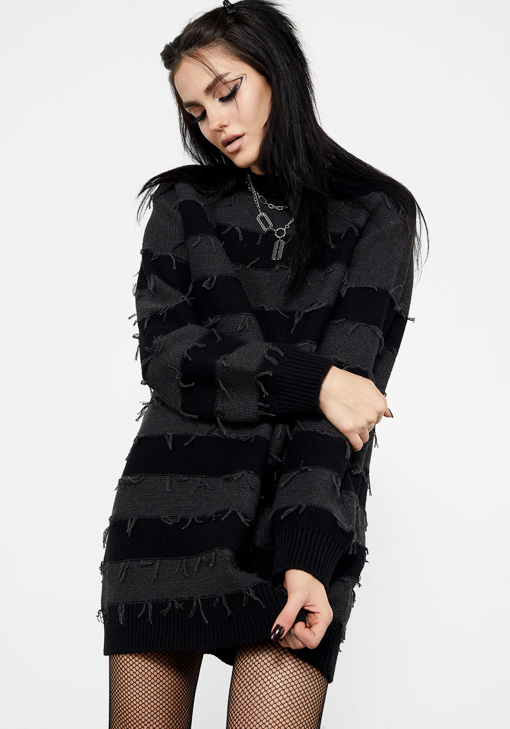 Distressed Striped Oversized Sweater | Black & Grey Knit Jumper