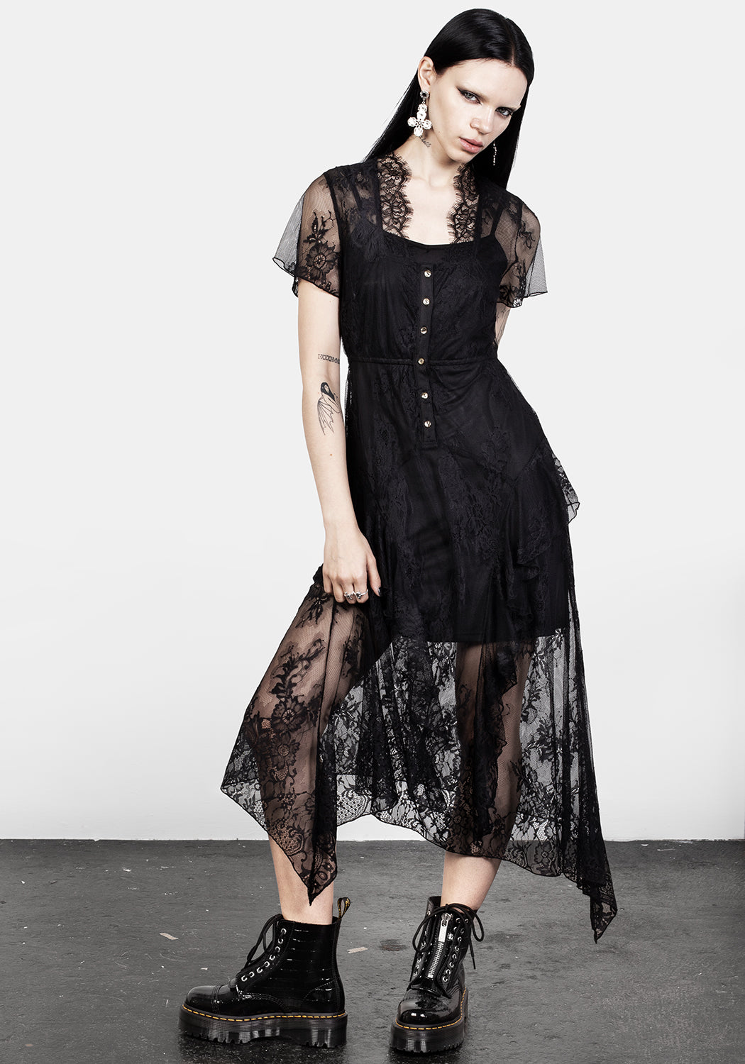 Black Lace Midaxi Dress with Cami Slip & Flowy Skirt | Mourning Lace
