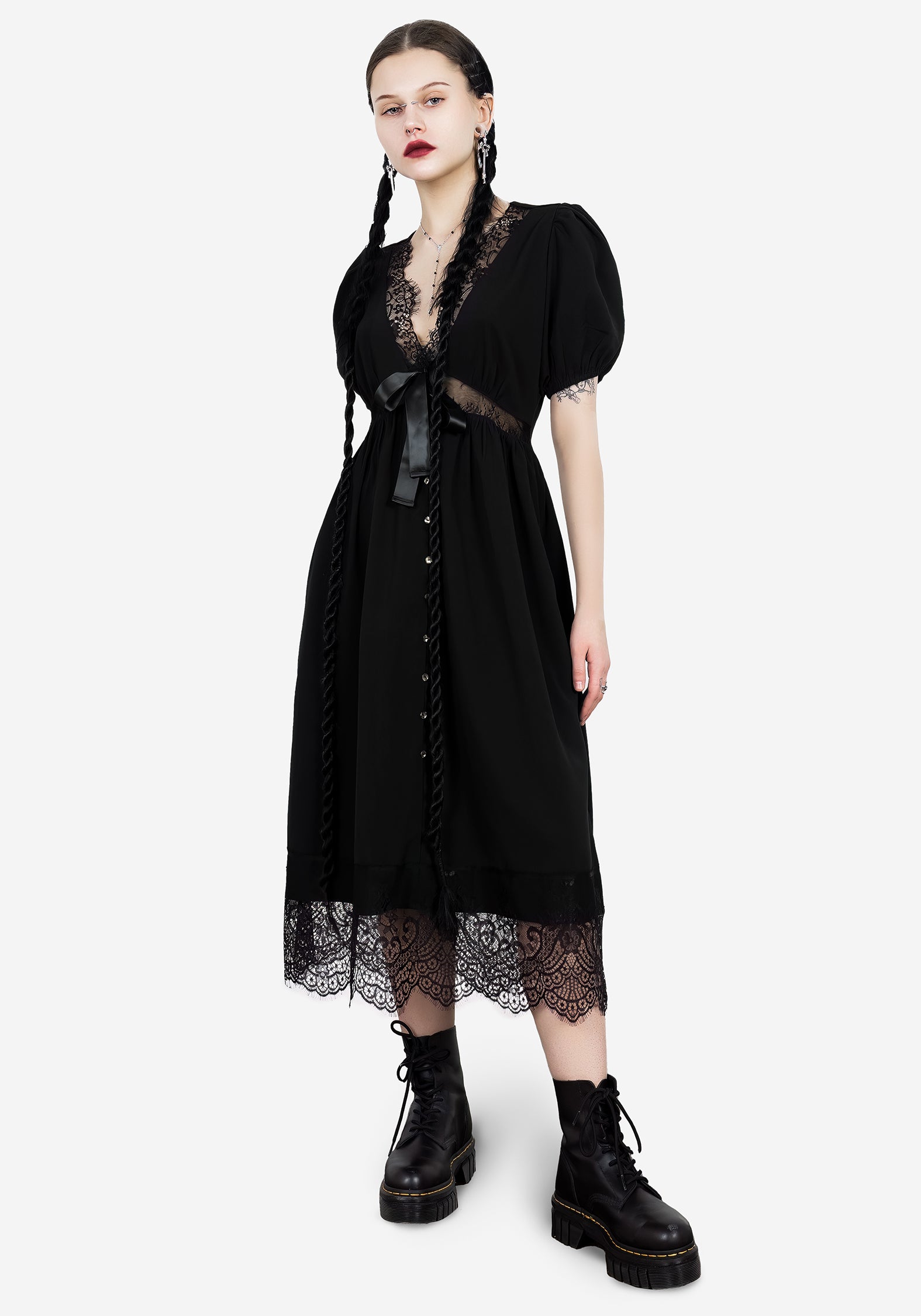 Black Lace Midi Dress with Sheer Panels & Button Front | Mortuary Style