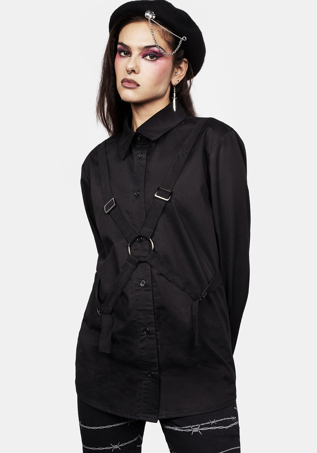 Black Parachute Strap Shirt with Bondage Details | Rotten