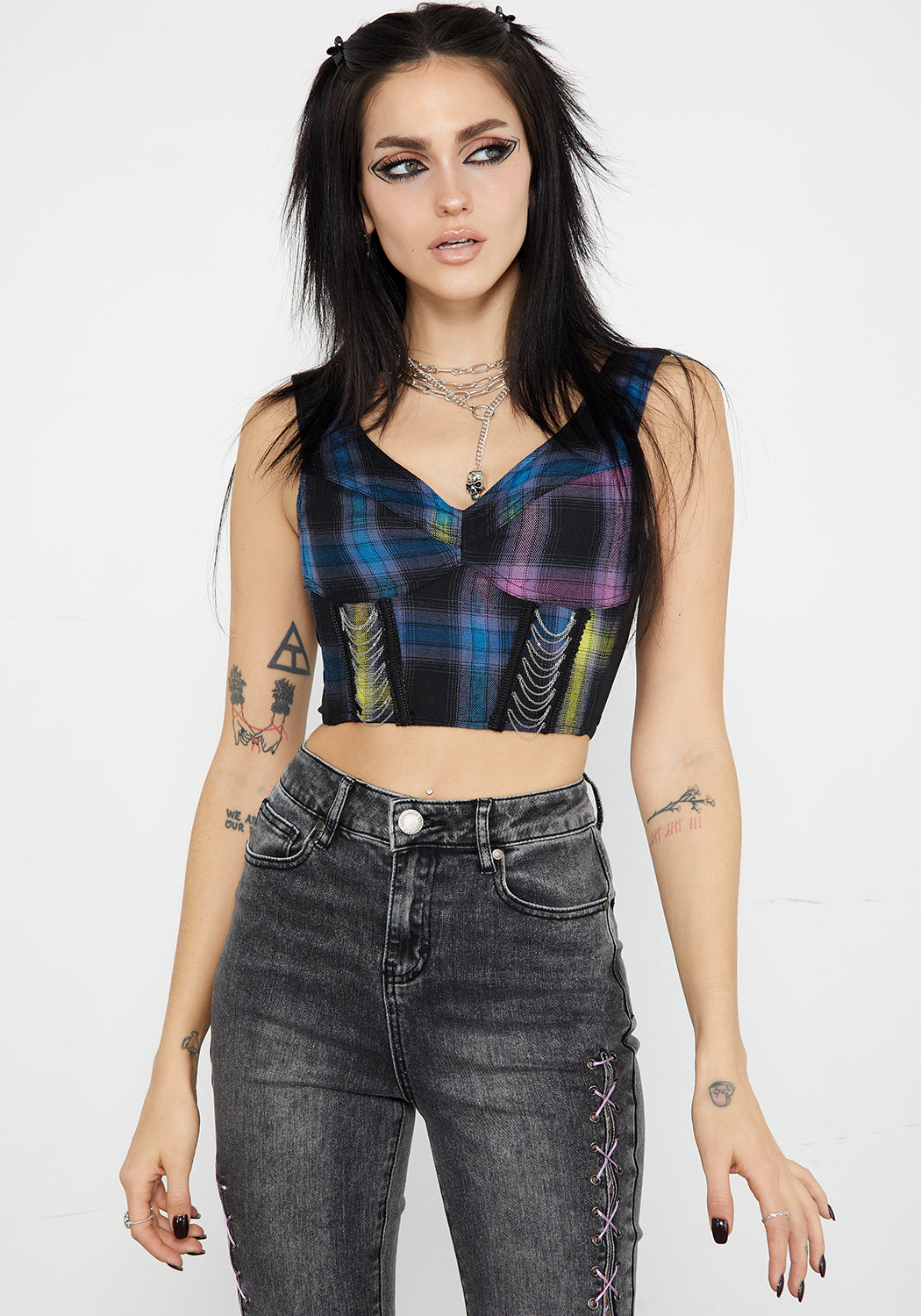 Ombre Check Corset Top with Boning & Breathable Mesh | Rebel