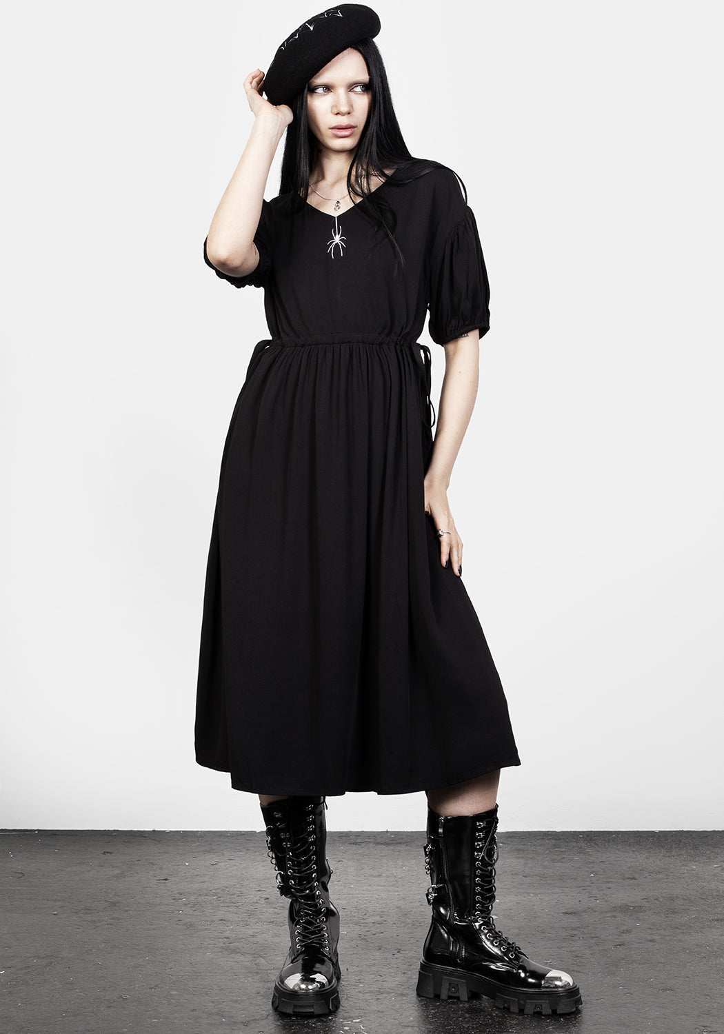 Black Embroidered Midi Smock Dress with Drawstring Waist | Tangle