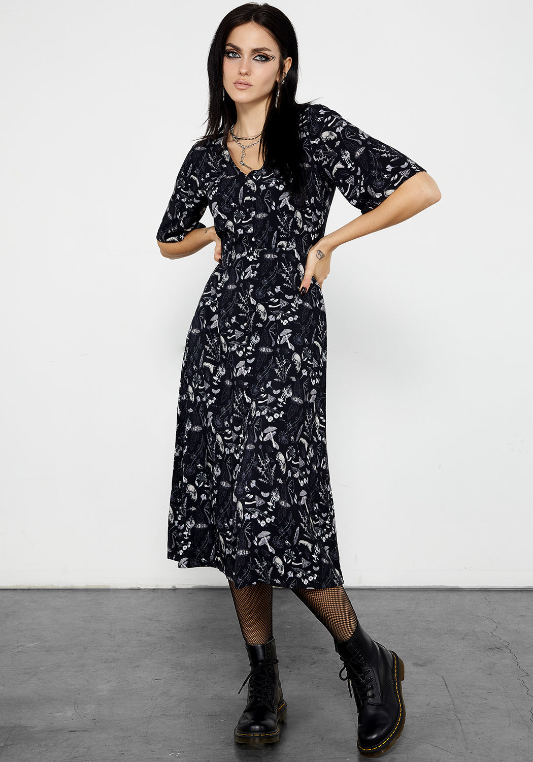Black Earth Magick Midi Dress with Flare Cut & V-Neck | Folkish Style