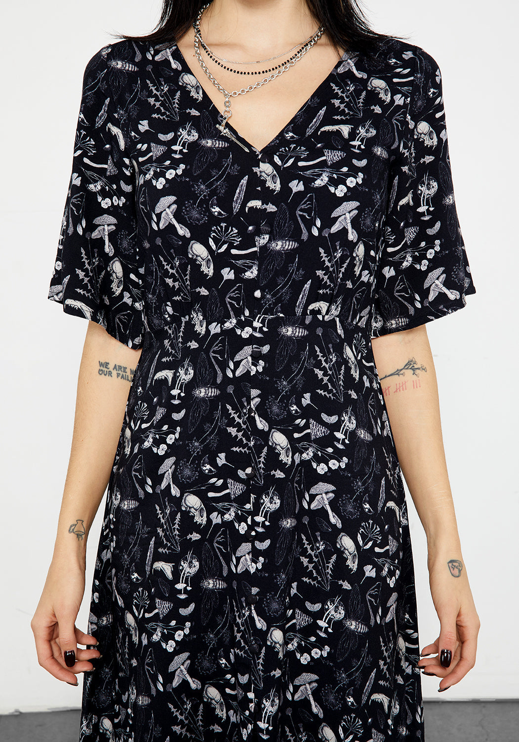Black Earth Magick Midi Dress with Flare Cut & V-Neck | Folkish Style
