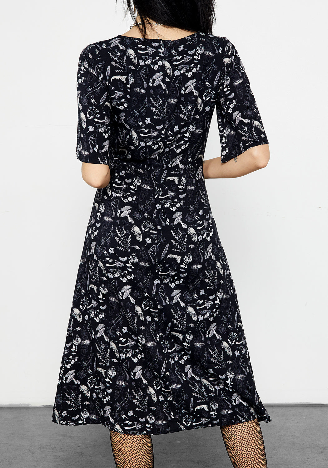 Black Earth Magick Midi Dress with Flare Cut & V-Neck | Folkish Style