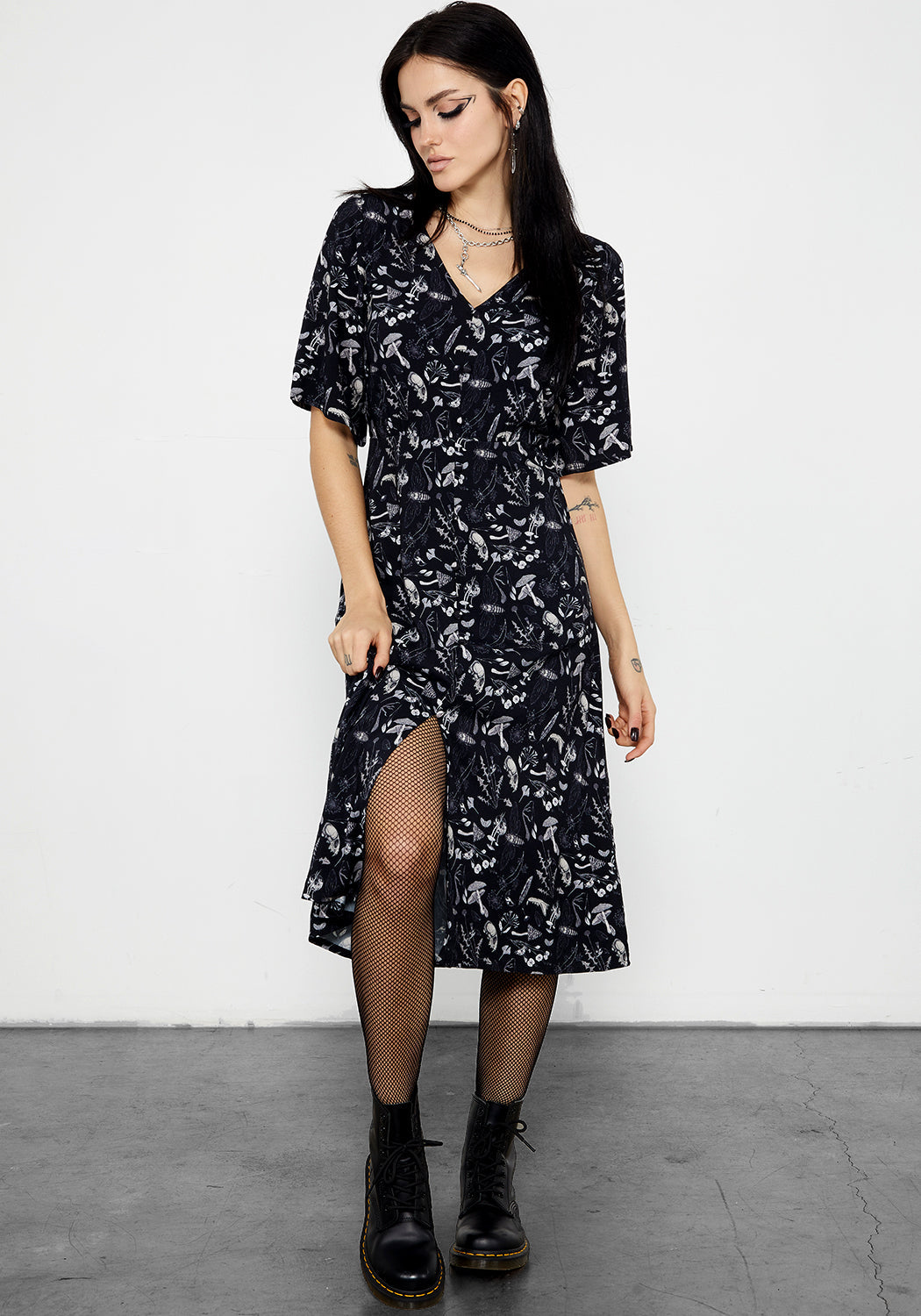 Black Earth Magick Midi Dress with Flare Cut & V-Neck | Folkish Style