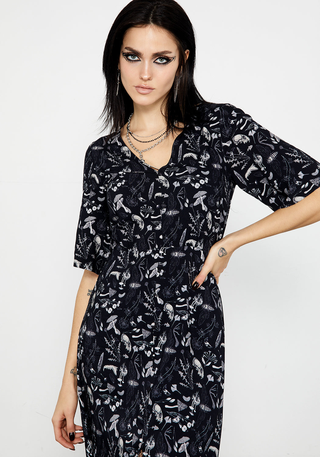 Black Earth Magick Midi Dress with Flare Cut & V-Neck | Folkish Style