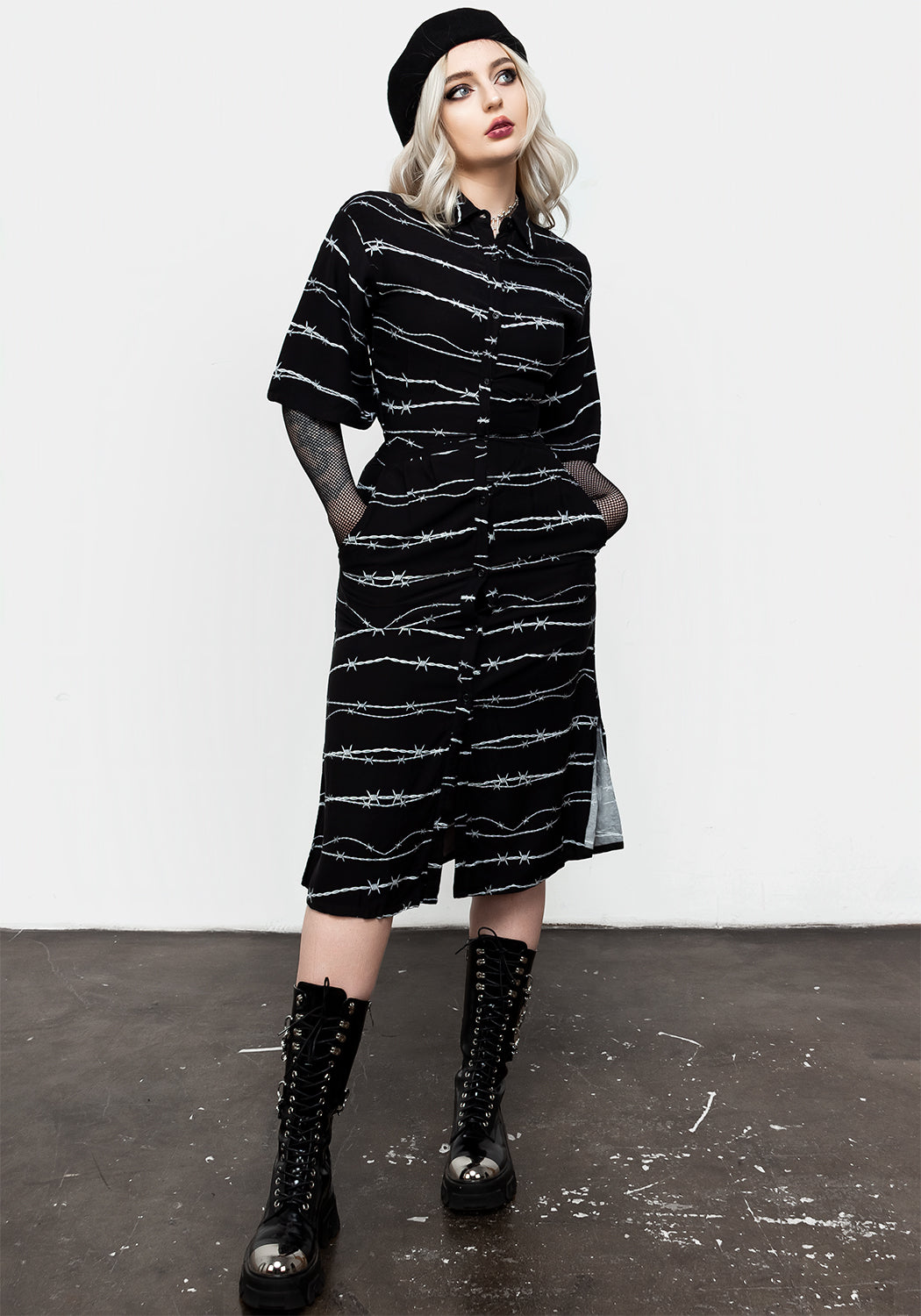 Black Printed Belted Midi Shirt Dress with Barbed Wire Design | Rayon Kimono