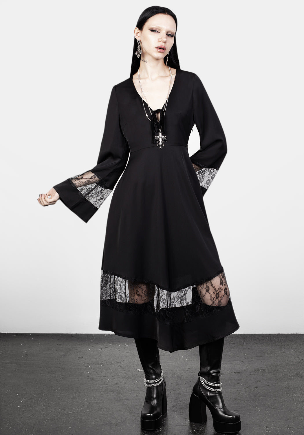 Black Lace Panelled Midi Dress with V-Neck & Flared Sleeves | Amaya