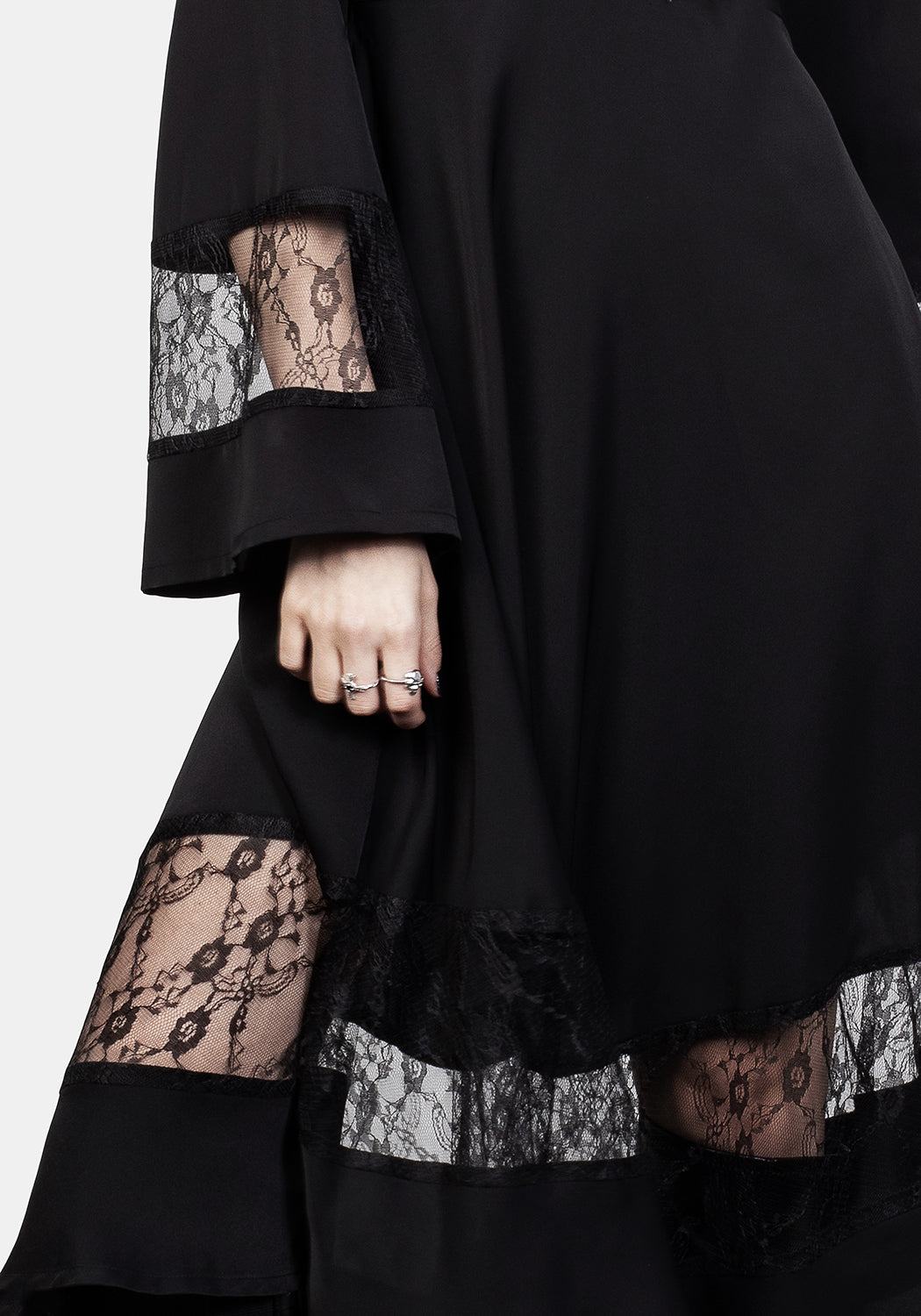 Black Lace Panelled Midi Dress with V-Neck & Flared Sleeves | Amaya