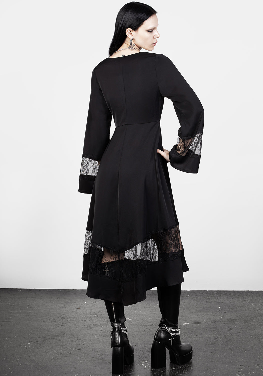 Black Lace Panelled Midi Dress with V-Neck & Flared Sleeves | Amaya
